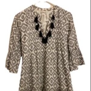 Tommy Bahama Creamy White & Black Print Dress w/Tassels Fully Lined